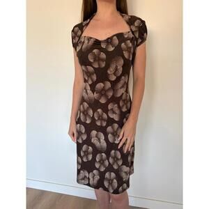 Brown Sparkly Midi Vintage Gold Floral Cap Sleeve / Off Shoulder Dress